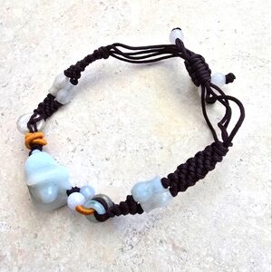 Handmade Carved Jade Macrame Braided Bracelet with Blue and Brown Accents